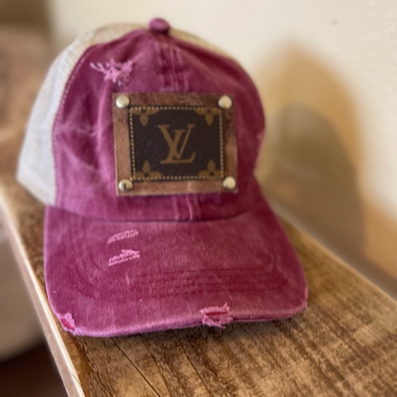 Upcycled Criss Cross Ponytail Baseball Cap w/authentic luxury patch detail - Picture 2 of 4